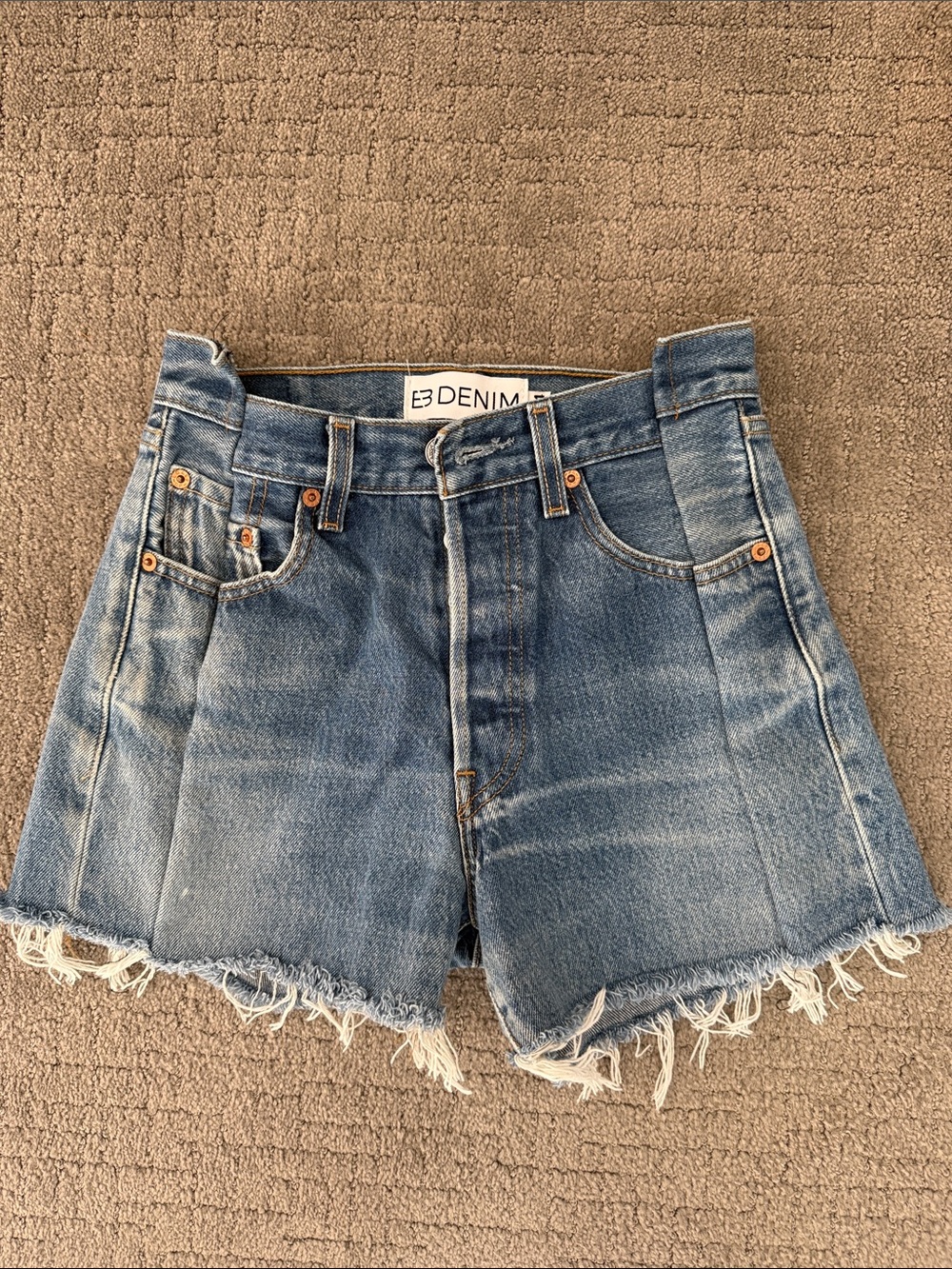 EB Denim Washed Blue High-Rise Frayed Hem Jean Shorts
